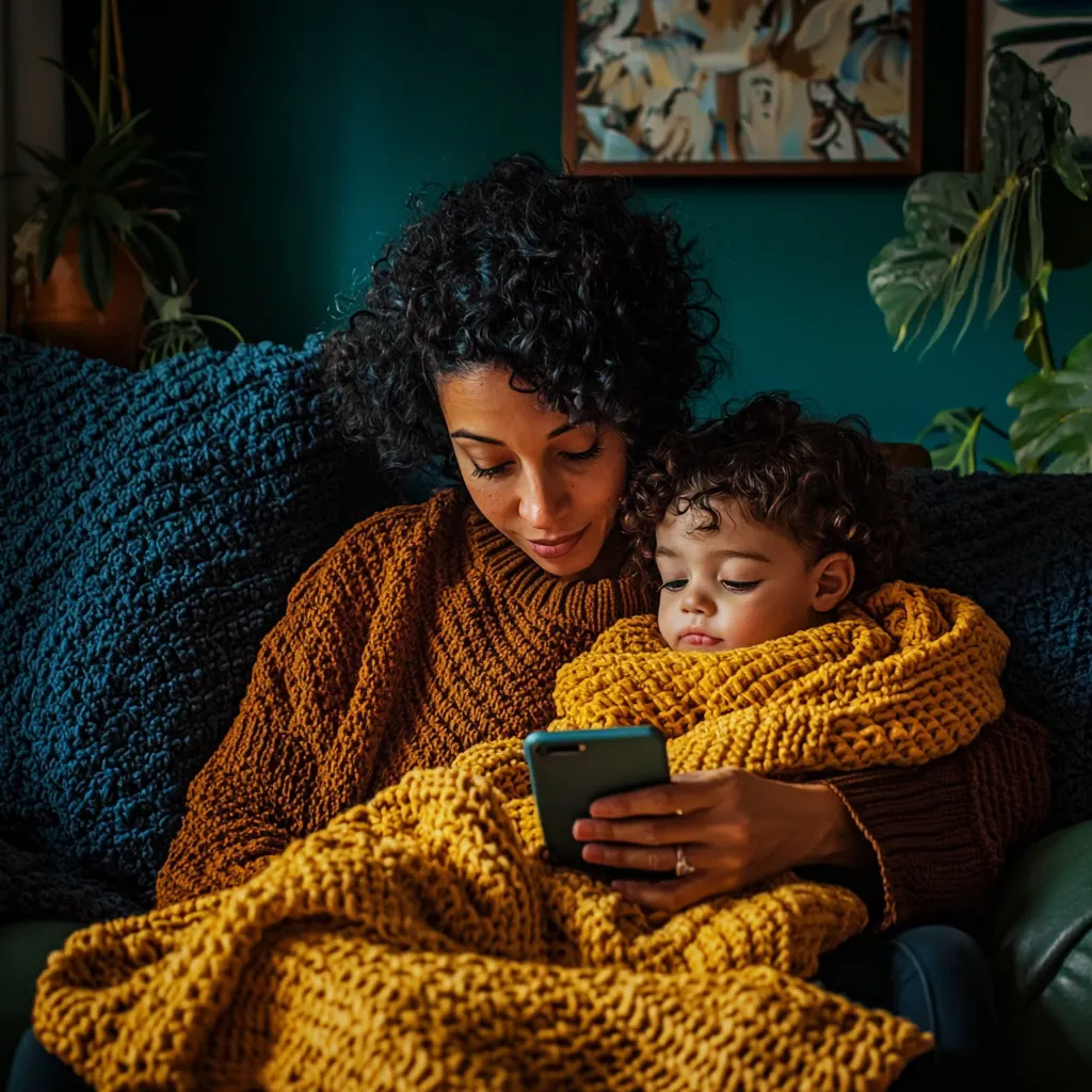 Mãe falando com pediatra pelo WhatsApp enquanto segura o bebê